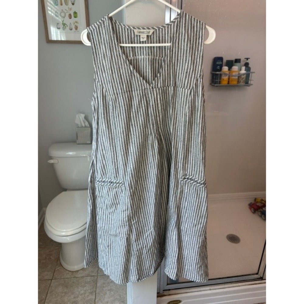 Coldwater Creek Linen Blend Striped Pocket Dress Women's L Gray White Sleeveless